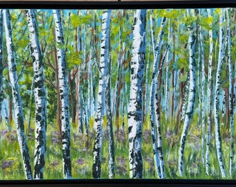 Birch grove, birch forest, original birch paintings, hand-painted birches, living room birch paintings, bedroom natural birch forest, panorama of birches