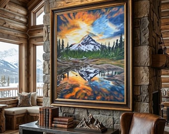 Original Framed Acrylic Painting, Sunrise Mountain Landscape with Lake Reflection, Pine Forest Wall Art