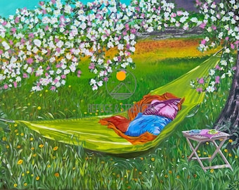 Cherry blossom painting over a hammock, spring/summer painting, hand-painted original on canvas, cherry blossom summer garden wall decoration