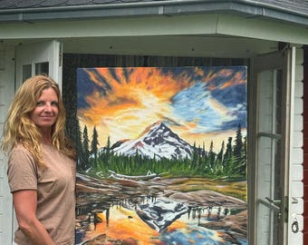 Original Framed Acrylic Painting, Sunrise Mountain Landscape with Lake Reflection, Pine Forest Wall Art