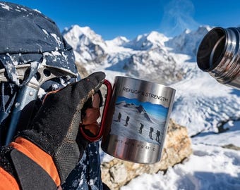 Camping Carabiner Mug, Alpine Mountain Sunset Coffee Cup, Hiking Outdoor Adventure Gift - Stainless Steel Cup