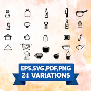 Kitchen SVG Icons Bundle, Cooking Tool Clipart Set for Recipe Books and Cricut Crafts, EPS PNG pdf Download