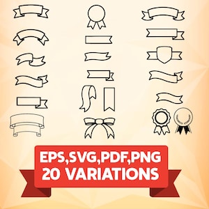 Ribbon SVG Outline Set, Award Banners and Badge Clipart Bundle for Labels and Crafts, EPS PNG pdf Download