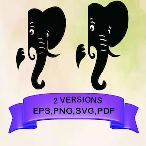 Könnte beinhalten: Zwei schwarze Elefanten-Silhouetten mit großen Ohren und gerollten Rüsseln. Die Elefanten blicken einander an. Ein lila Banner unten zeigt "2 VERSIONS EPS, PNG, SVG, PDF". Der Hintergrund ist ein Farbverlauf aus Hellgrün und Gelb.
