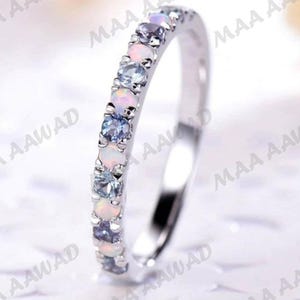 2mm Round Cut Alexandrite & Opal Half Eternity Engagement Band 925 Silver Vintage Birthstone Jewellery Stackable Anniversary Gift For Her