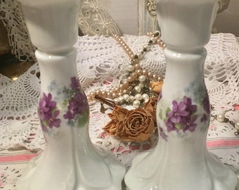 Antique Czechoslovakian Violets Candlesticks~ Gorgeous