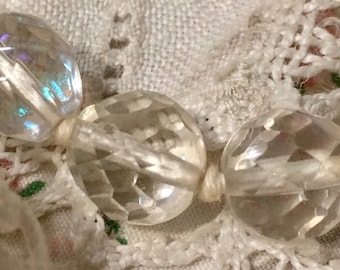 Aurora Borealis Crystal Bead Necklace Finely Faceted Knotted 18" Vintage. Gorgeous & Fabulous