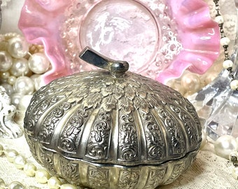 Antique Silver Jewelry Box~Lidded , Ornate Pumpkin Shape, Beautiful!
