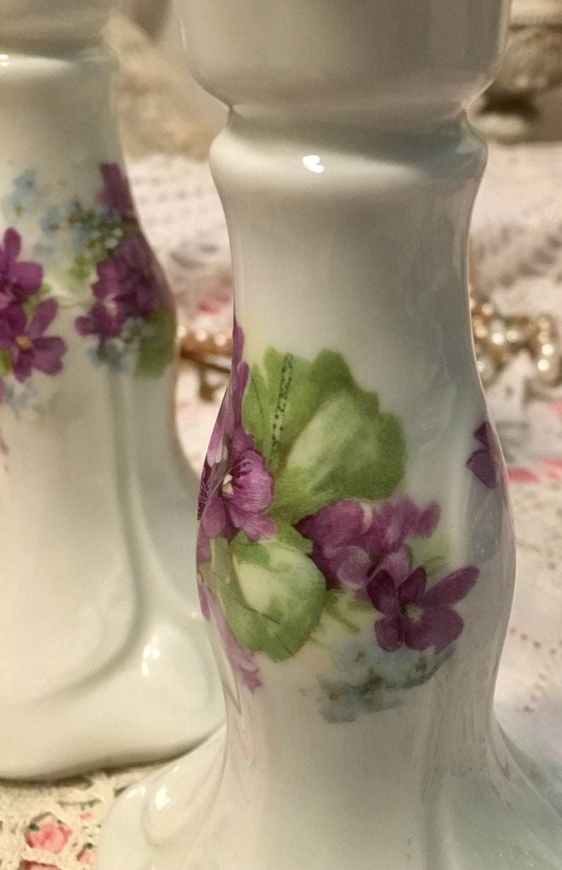 Antique Czechoslovakian Violets Candlesticks~ Gorgeous