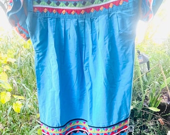 Rare Vintage Seminole Native American Patchwork Dress , Aqua , Handmade , Extensive Patchwork, M/L