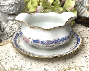 Gorgeous Antique Roses on Blue, Gravy Boat! Warwick Fine Porcelain Sauce Boat on plate, gold trim Excellent