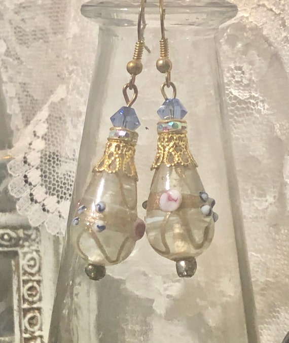Beautiful Glass Lampwork Earrings,Blue Dangles, P… - image 1