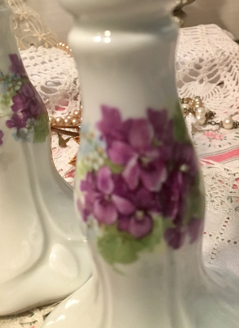 Antique Czechoslovakian Violets Candlesticks~ Gorgeous