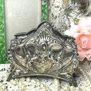 Silver Letter Holder / Napkin Holder Ornate Shell Scrolls Rare