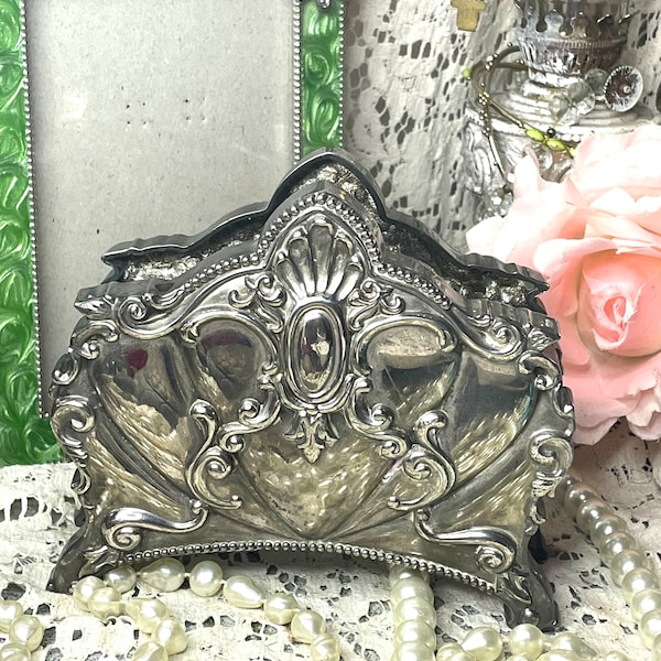 Silver Letter Holder / Napkin Holder Ornate Shell Scrolls Rare