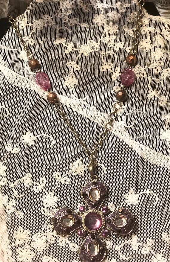 Pink/Lavender Cross Necklace, Vintage Thick  Gold… - image 8