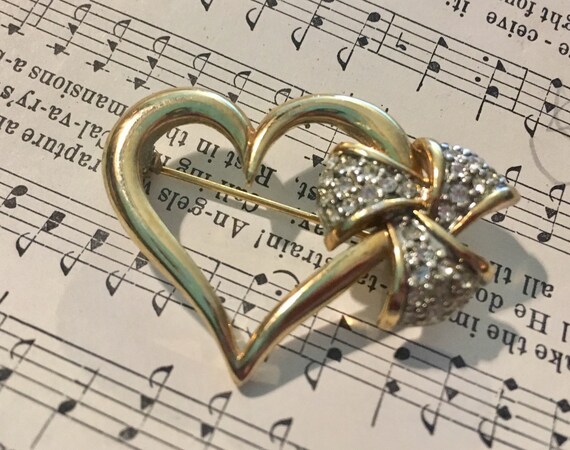 Golden Open Heart Pave Rhinestones Bow Love