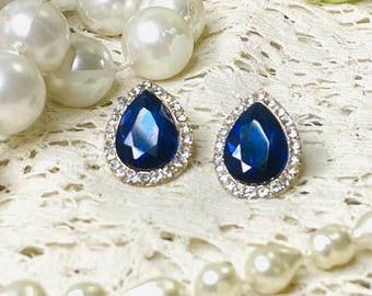 Cobalt Blue Teardrop Earrings, Sparkling Rhinestones, Pierced ,New Old Stock Vintage