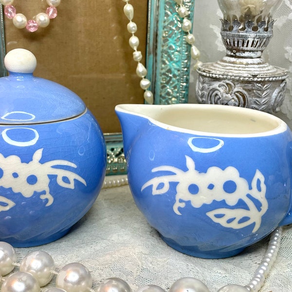 Vintage Harker Pottery USA Blue Cameo Ware Sugar & Creamer