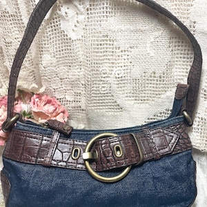 1990s Blue Denim Purse , Shoulder Bag,Heavy Brass Hardware ,Belted Jeans Style, Faux Leather Patch Great Condition,Heavy Duty Zipper