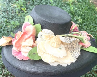 Ladies Hat Pink Flowers Dreamy Antique  Hat ! Vintage Wide Brim