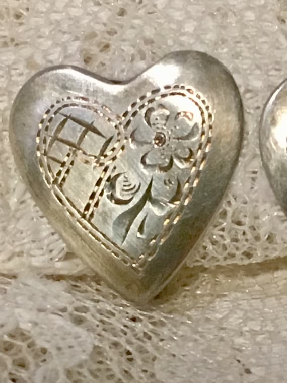 1930s Engraved Sterling Silver Heart Earrings Hei… - image 1