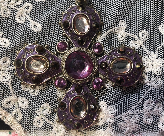 Pink/Lavender Cross Necklace, Vintage Thick  Gold… - image 3