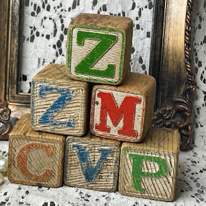 6 Vintage Wood Alphabet Blocks old toys
