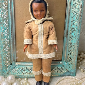 Vintage American Indian Doll Real Leather Clothes Hood Sleep eyes