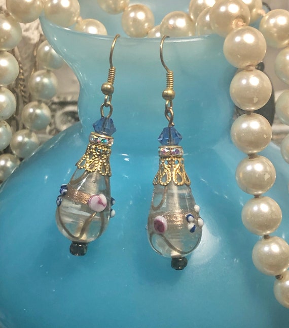 Beautiful Glass Lampwork Earrings,Blue Dangles, P… - image 3