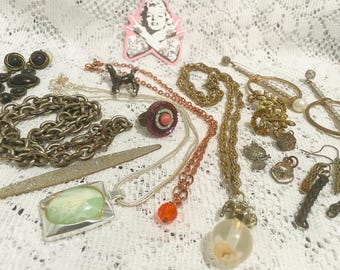 Vintage Jewelry Salvage Destash, Some to wear ,repair,repurpose, Jelly Belly Poodle, Chains, Rhinestones, assemblage,craft, Plus BONUS BAG