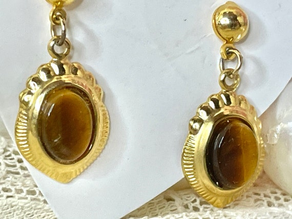 Oval Tiger Eye set in Golden Frame pierced Earrin… - image 2