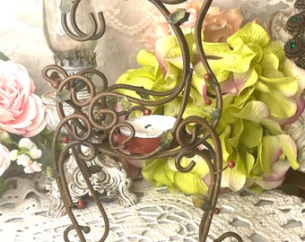 Scrolly Rusty Patina  Wire Reindeer Candle Holder with tiny metal holly leaves and berries, Christmas Home Decor