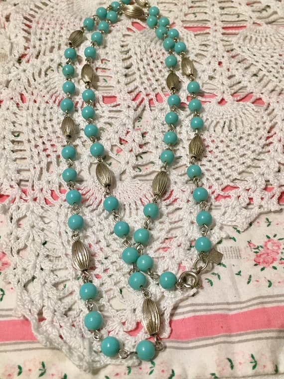 1960s Aqua Beads Necklace 31" long  Designer Sarah