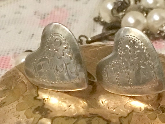 1930s Engraved Sterling Silver Heart Earrings Hei… - image 3