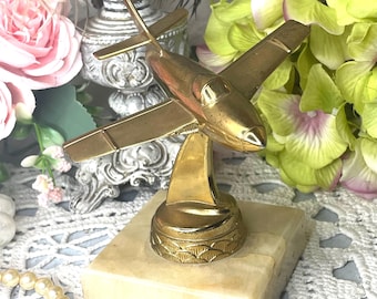 Mid Century Heavy ,Solid Brass Jet Aircraft Model, Paperweight, Sculpture, Trophy on Marble.  MCM Decor, Original Label