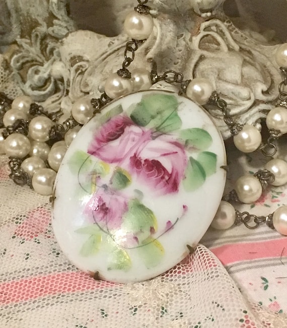 Large Hand Painted Porcelain Brooch~ ANTIQUE ROSES