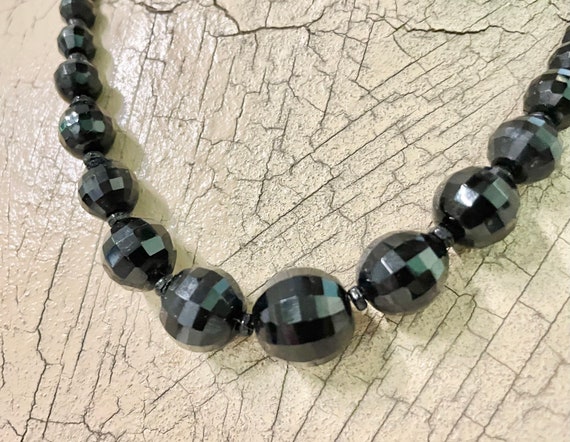 Vintage 18”Black Glass Beaded Necklace, faceted a… - image 3