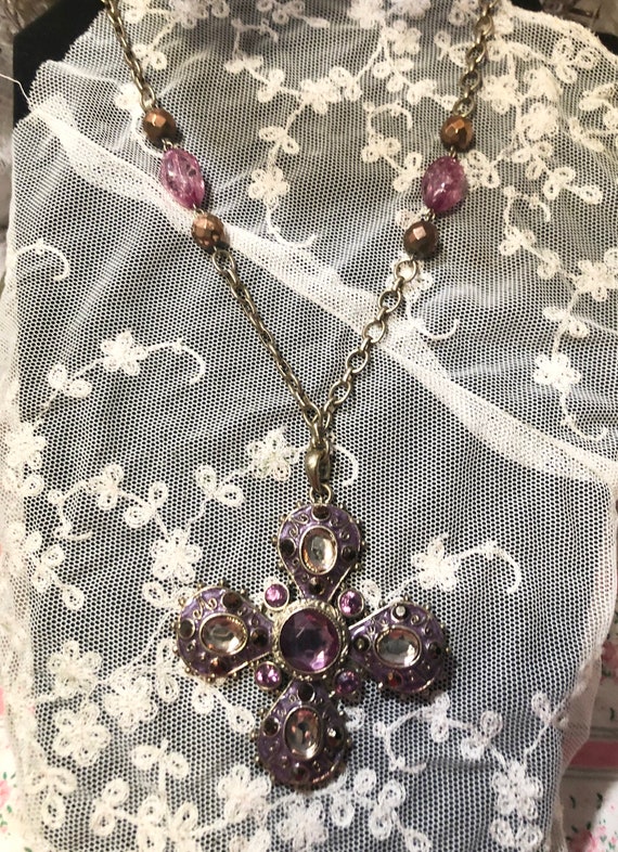 Pink/Lavender Cross Necklace, Vintage Thick  Gold… - image 5