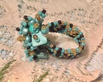 Turquoise & Brown Seed Bead Ring ! size 9 , Polished Stones