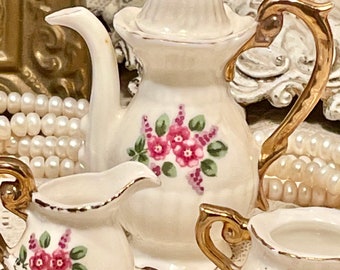 Teeny Tiny Tea Set Sweet Pink Flowers on White, Gold trim