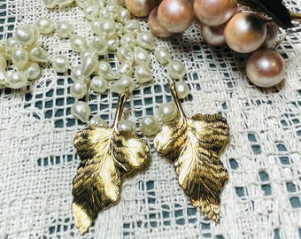 Gold Figural Grape Leaf Earrings,Large , Textured ,Pierced,  French hooks