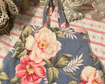 Antique Vintage Barkcloth Bag Purse Satchel Fabulous Blue Roses Floral