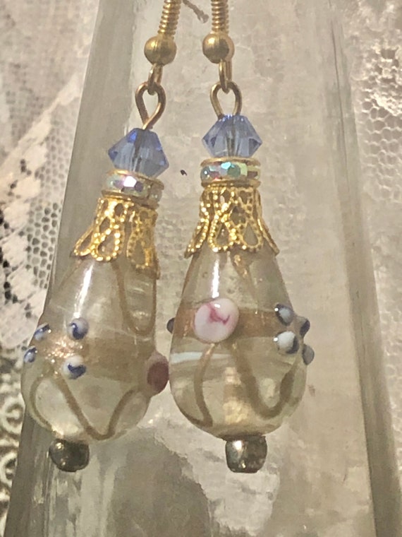 Beautiful Glass Lampwork Earrings,Blue Dangles, P… - image 2