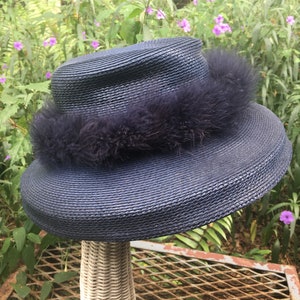 Blue Feather Hat, Designer Mr John ,Vintage Navy Blue Straw