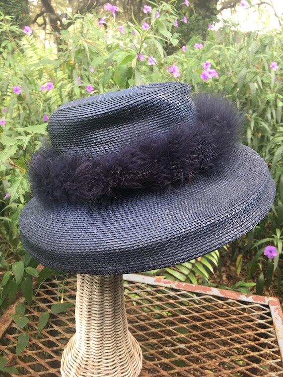 Blue Feather Hat, Designer Mr John ,vintage Navy Blue Straw  display picture 3
