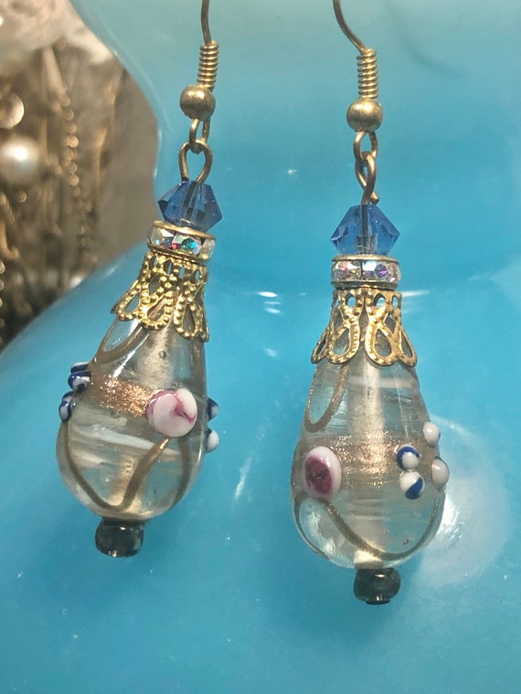 Beautiful Glass Lampwork Earrings,Blue Dangles, P… - image 4