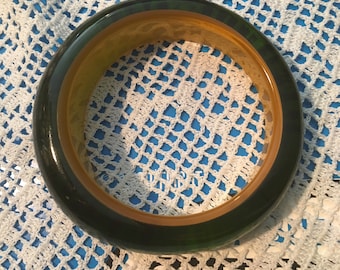 Lucite Vintage Bangle Bracelet ,Green over Butterscotch