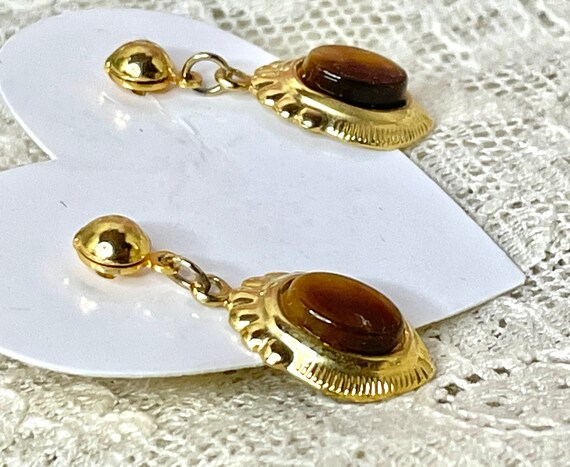 Oval Tiger Eye set in Golden Frame pierced Earrin… - image 3