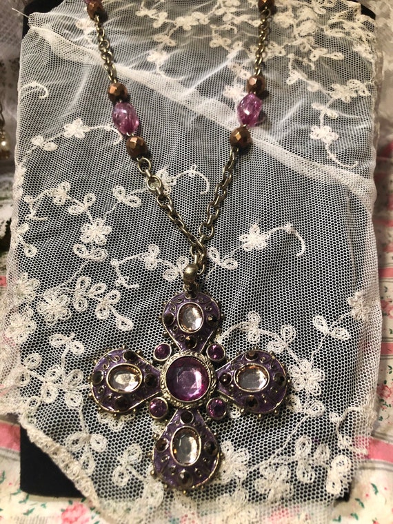 Pink/Lavender Cross Necklace, Vintage Thick  Gold… - image 4